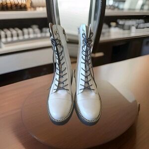 Sam Edelman Lenley Ivory Leather Chunky Heel Combat Lace Up Mid-Calf Boots Sz8.5